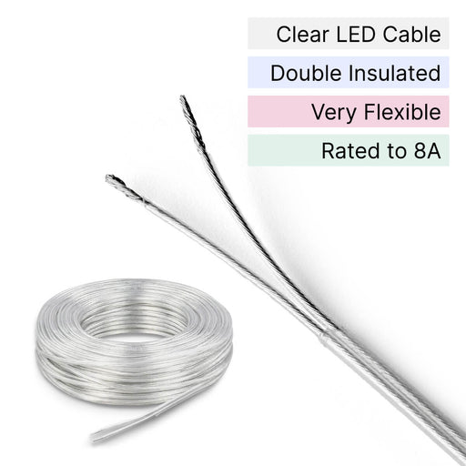 0.5mm 8A Clear Twin LED Cable | Double Insulated | 19-Strand Tinned Copper | 300V | Figure of Eight | By the Metre or 200m Reel WeLoveLeds