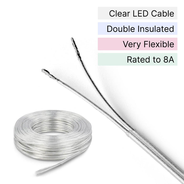 0.5mm 8A Clear Twin LED Cable | Double Insulated | 19-Strand Tinned Copper | 300V | Figure of Eight | By the Metre or 200m Reel WeLoveLeds