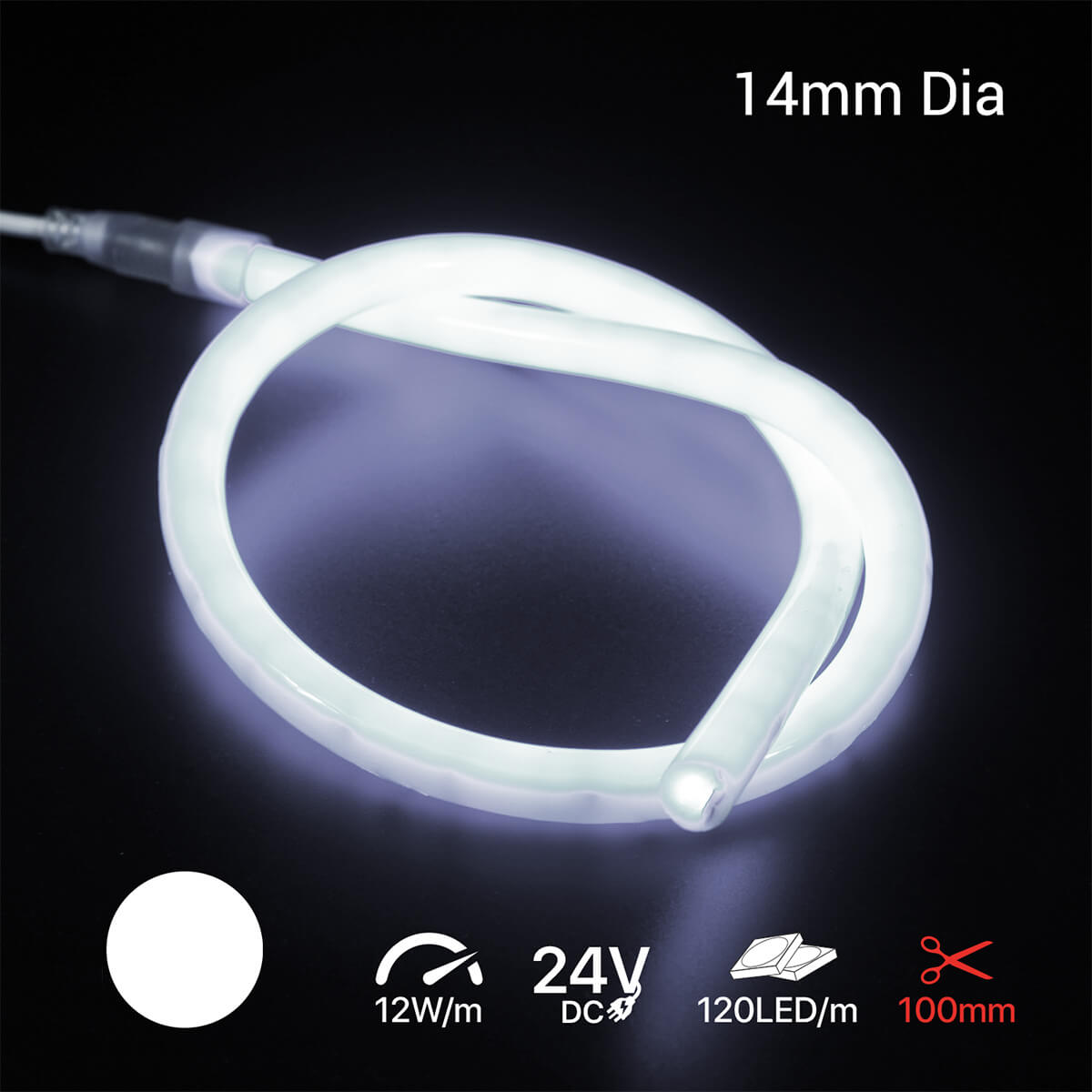 14mm Round 360 LED Neon Flex | Cut every 100mm | 12w | 24v | 1m WeLoveLeds