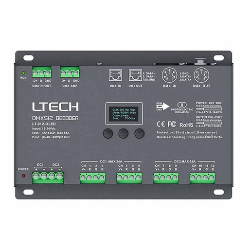LTech LT-912-OLED | 12-Channel DMX Decoder | 4A per Channel | OLED Display | Professional Lighting Control | RDM Compatible WeLoveLeds