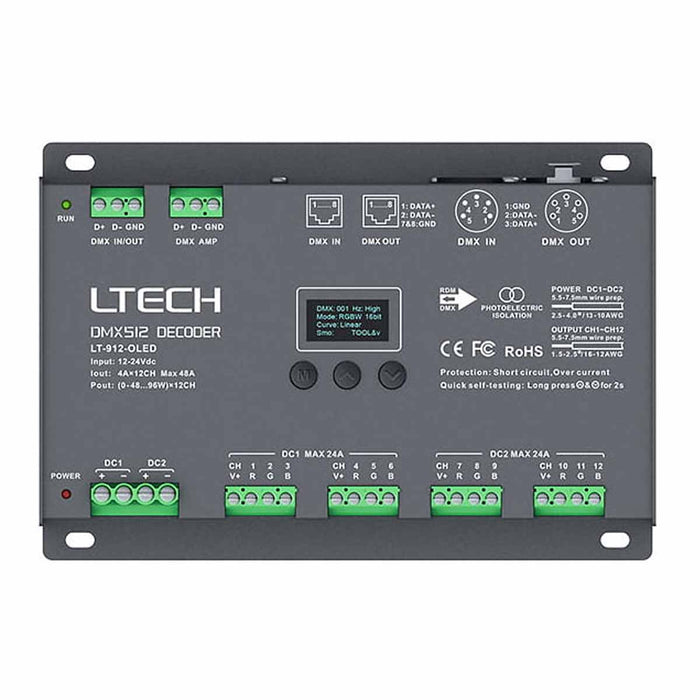 LTech LT-912-OLED | 12-Channel DMX Decoder | 4A per Channel | OLED Display | Professional Lighting Control | RDM Compatible WeLoveLeds