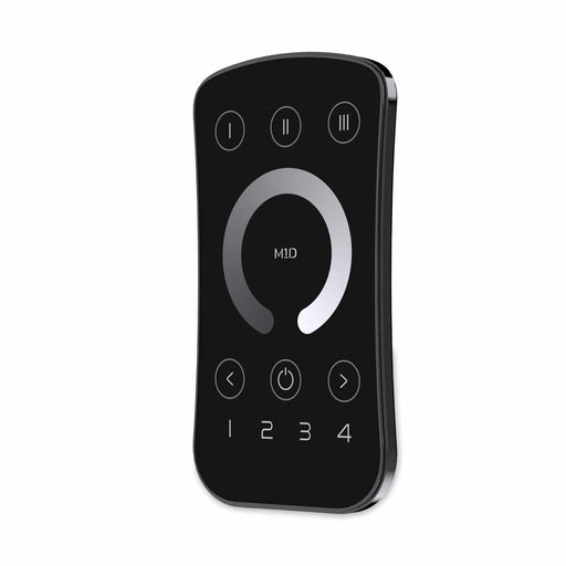 Black remote control with white symbols on a white background