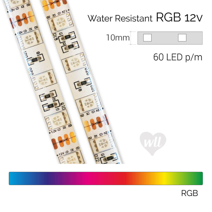 Water Resistant 60 RGB LED Strip, 12v, 14.4w p/m
